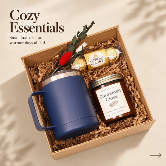 Cozy Gift Box with an Insulated Camp Mug, Candle and Chocolates - Gifterria US - Gift Box