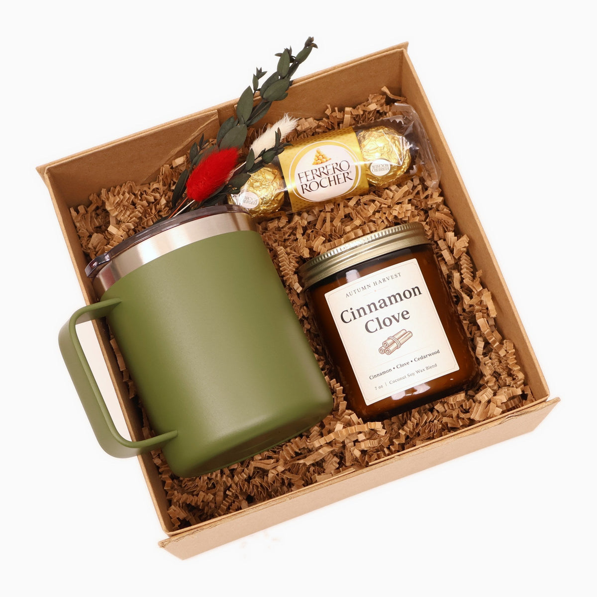 Cozy Gift Box with an Insulated Camp Mug, Candle and Chocolates - Gifterria US - Gift Box