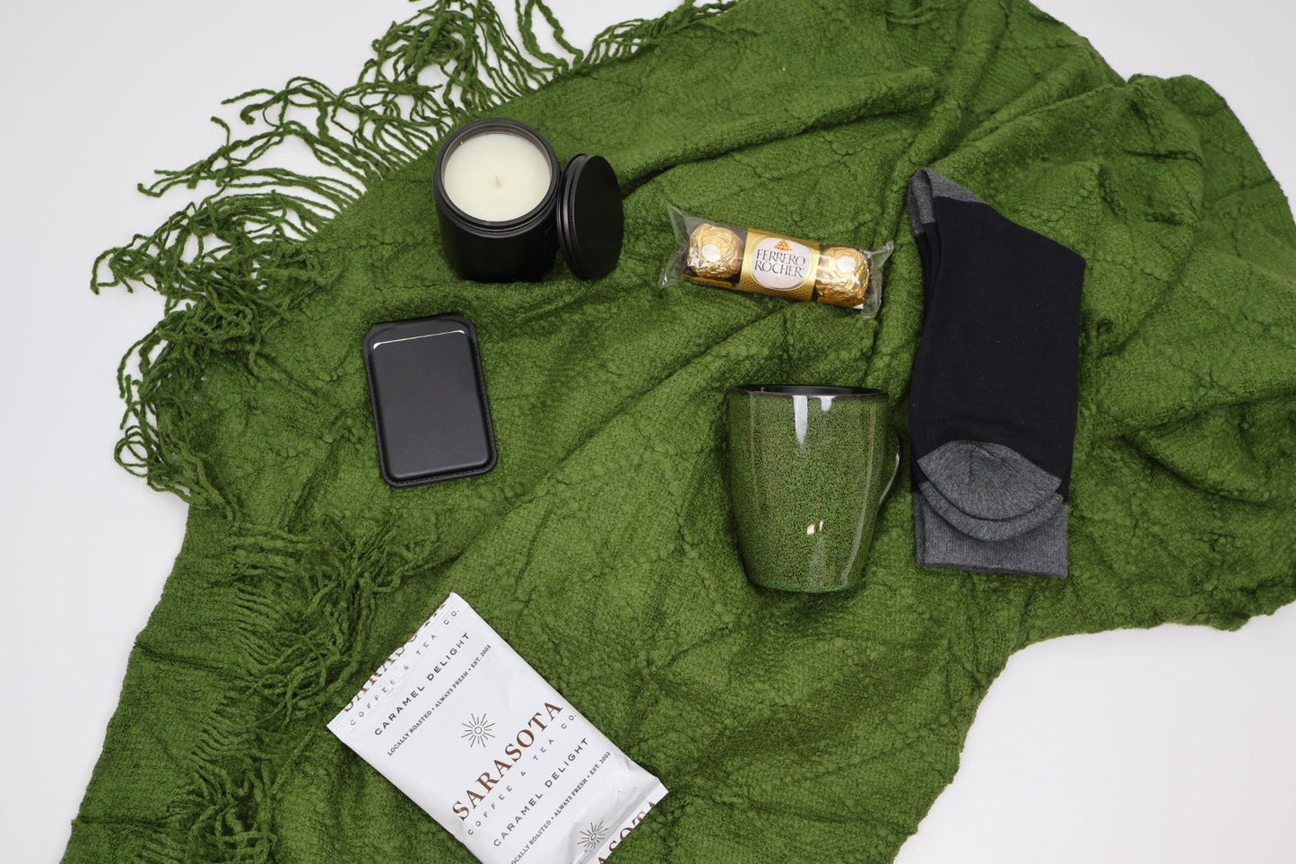 Cozy Green Comfort Gift Box with Knit Throw, Coffee and Mug - Gifterria US - Gift Box