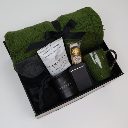 Cozy Green Comfort Gift Box with Knit Throw, Coffee and Mug - Gifterria US - Gift Box
