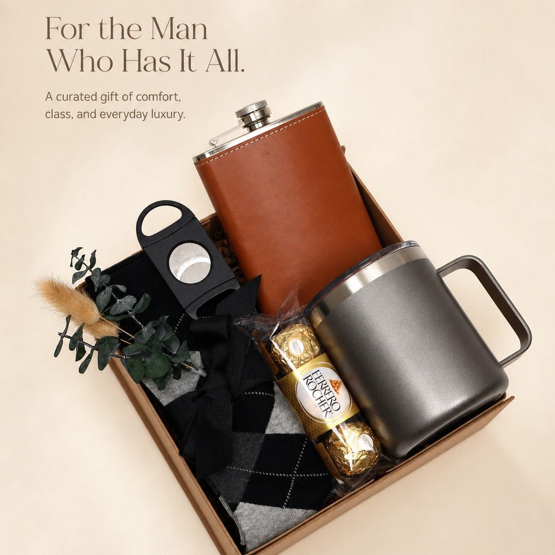Gift Box for Him with Leather Flask - Tumbler and Cutter - Gifterria US - Gift Box