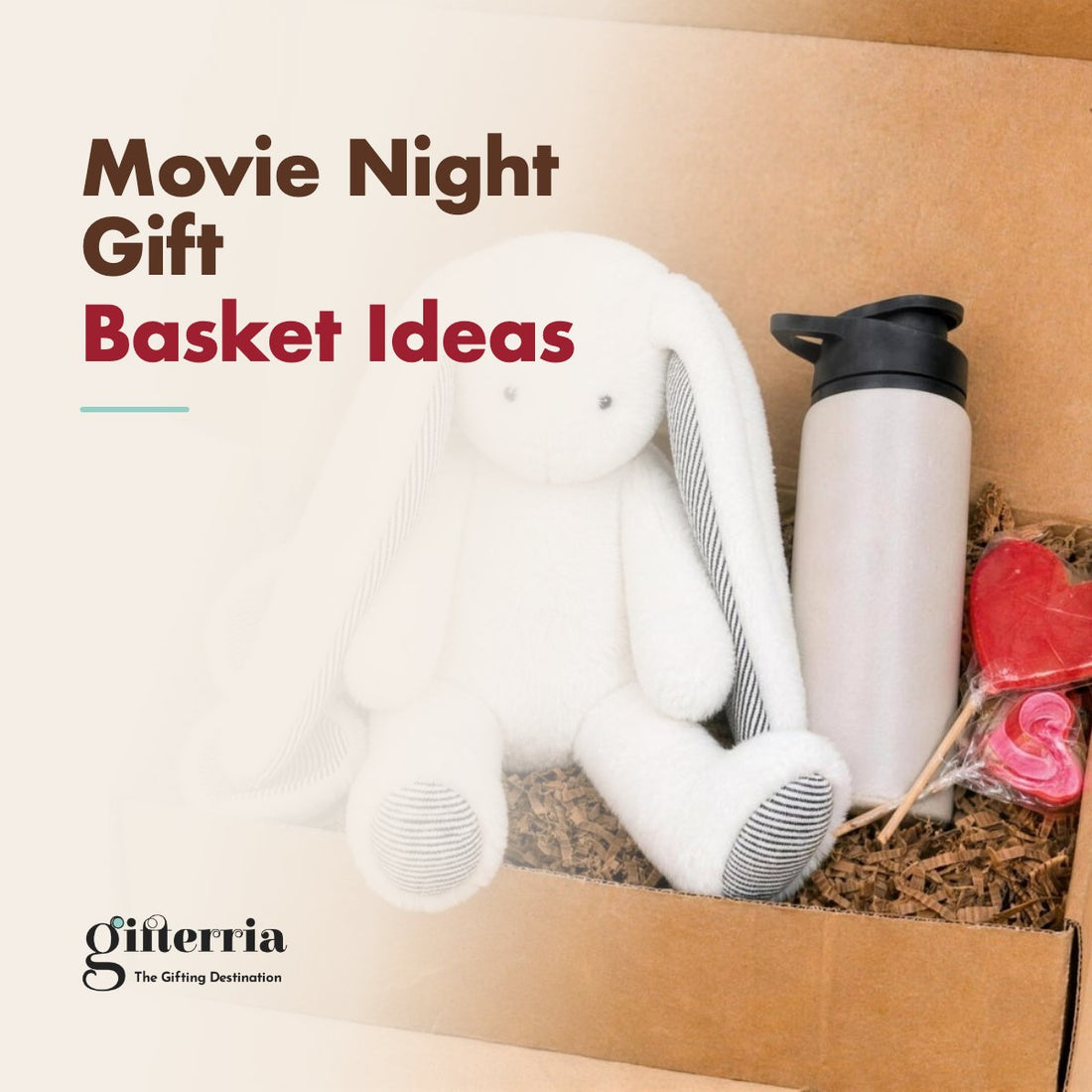 Movie night gift box for kids with a white plush bunny backpack, a stainless water bottle and heart lollipops
