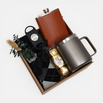 Gift Box for Him with Leather Flask- Tumbler and Cutter