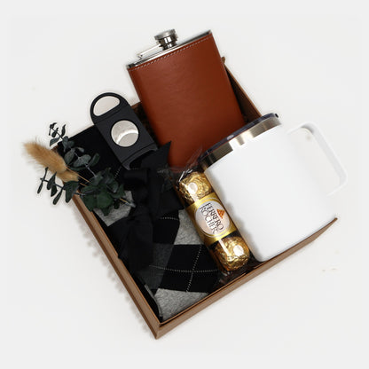 Gift Box for Him with Leather Flask- Tumbler and Cutter