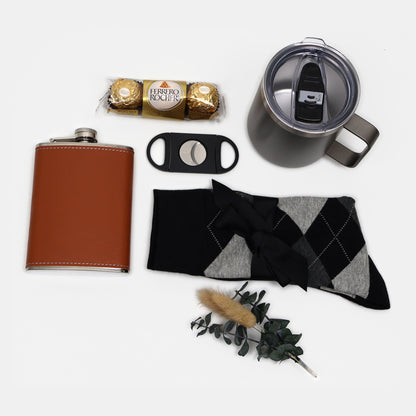 Gift Box for Him with Leather Flask- Tumbler and Cutter