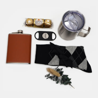 Gift Box for Him with Leather Flask- Tumbler and Cutter