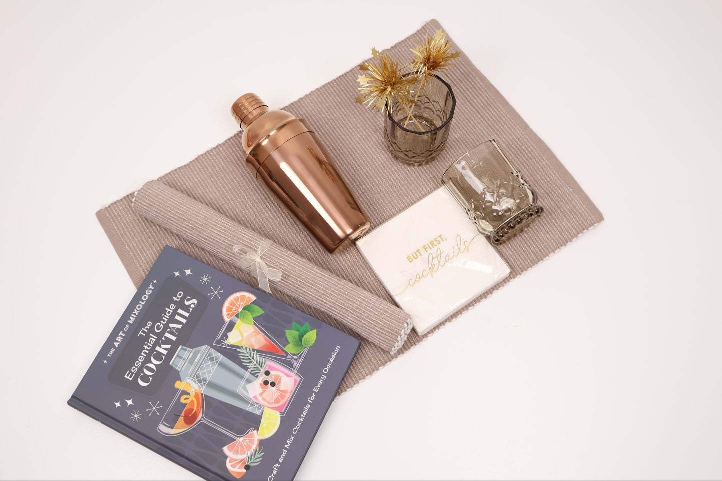 Elegant Cocktail Gift Box with a Copper Shaker, Glasses and Recipe Book