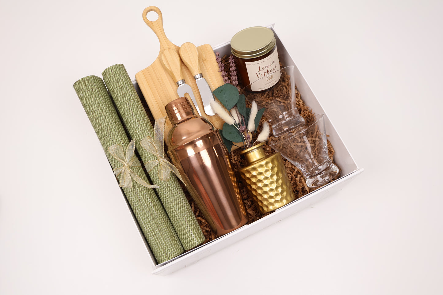 Elegant Entertaining Gift Box with a Bamboo Cheese Board and Copper Shaker