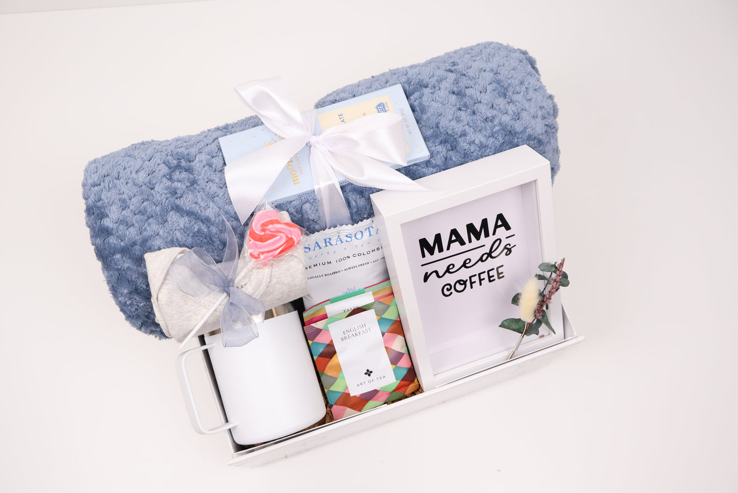 New Mom Gift Box in Blue with a Plush Throw and Coffee