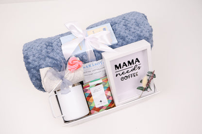 New Mom Gift Box in Blue with a Plush Throw and Coffee