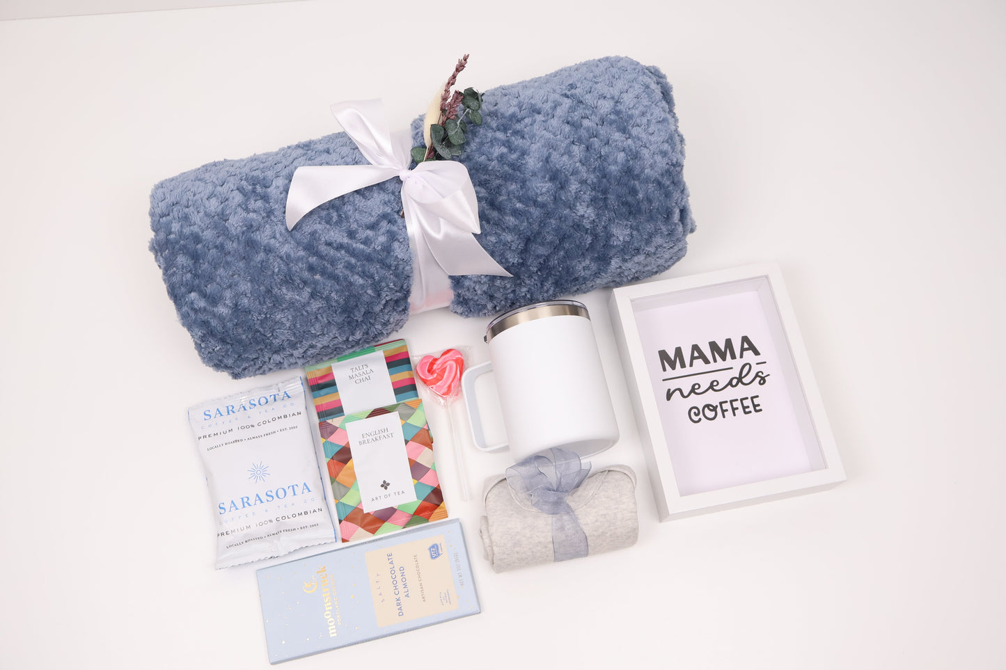 New Mom Gift Box in Blue with a Plush Throw and Coffee
