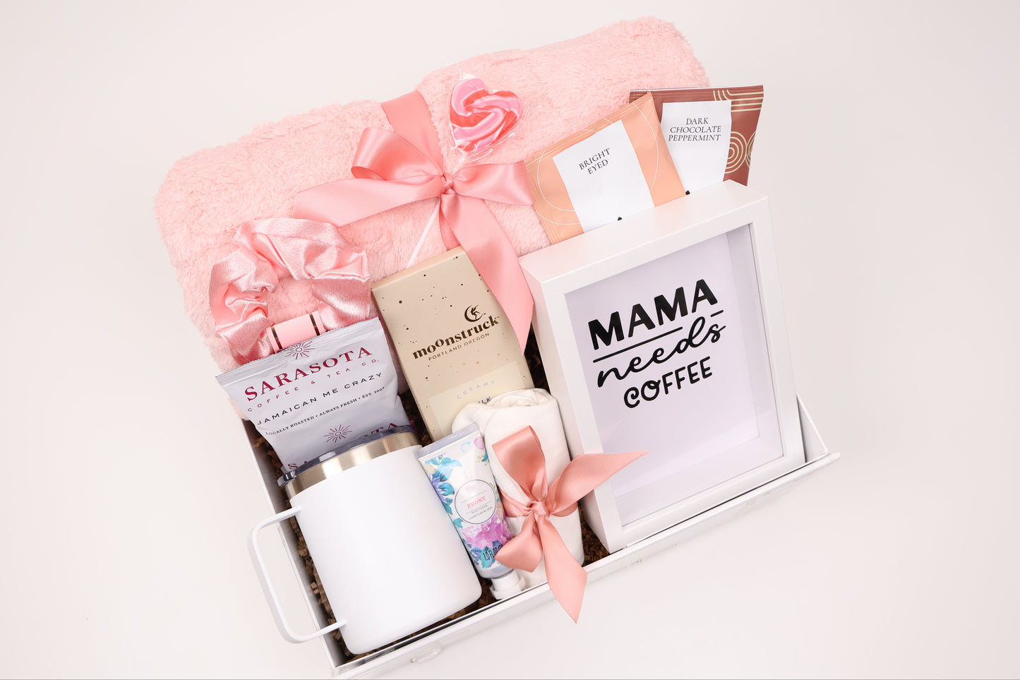 New Mom Gift Box in Pink with a Plush Throw and Coffee