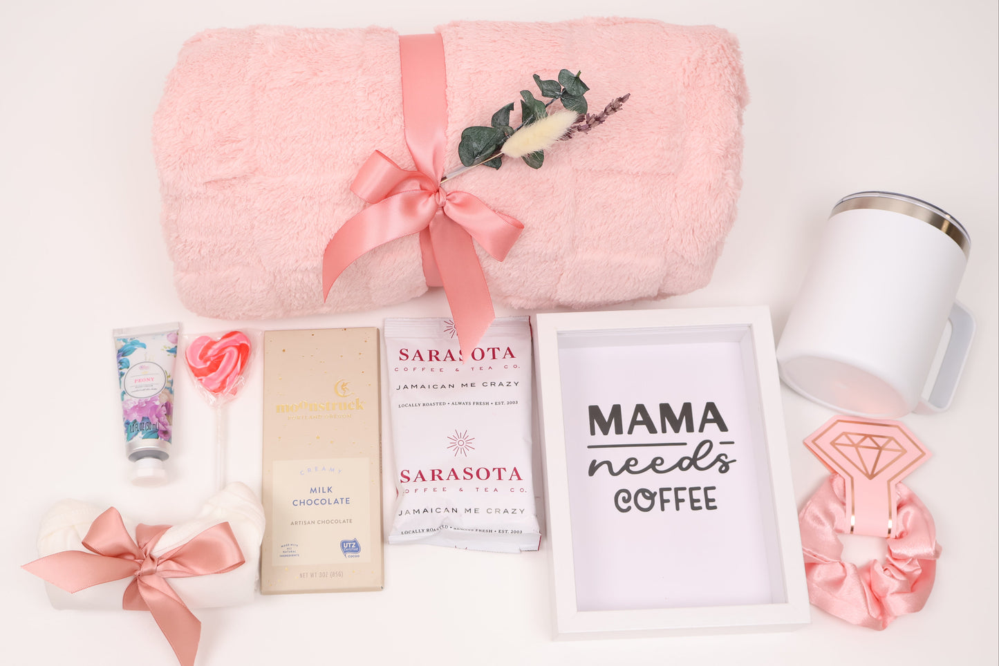 New Mom Gift Box in Pink with a Plush Throw and Coffee
