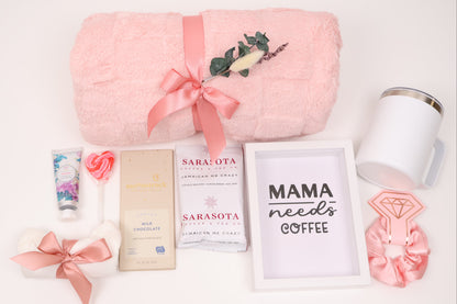 New Mom Gift Box in Pink with a Plush Throw and Coffee
