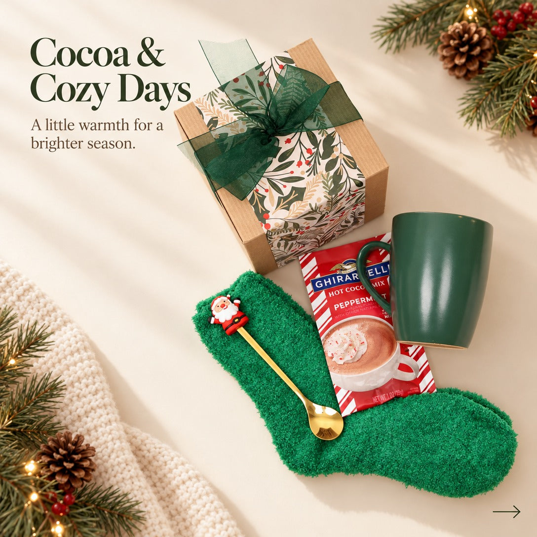 Christmas cocoa gift box, green mug with green socks