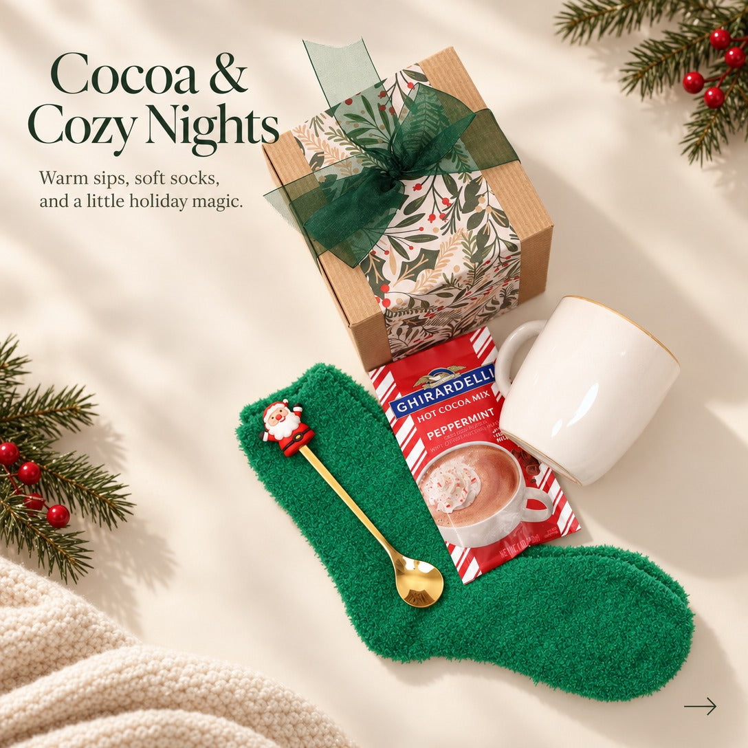 Christmas cocoa gift box, white mug with green socks