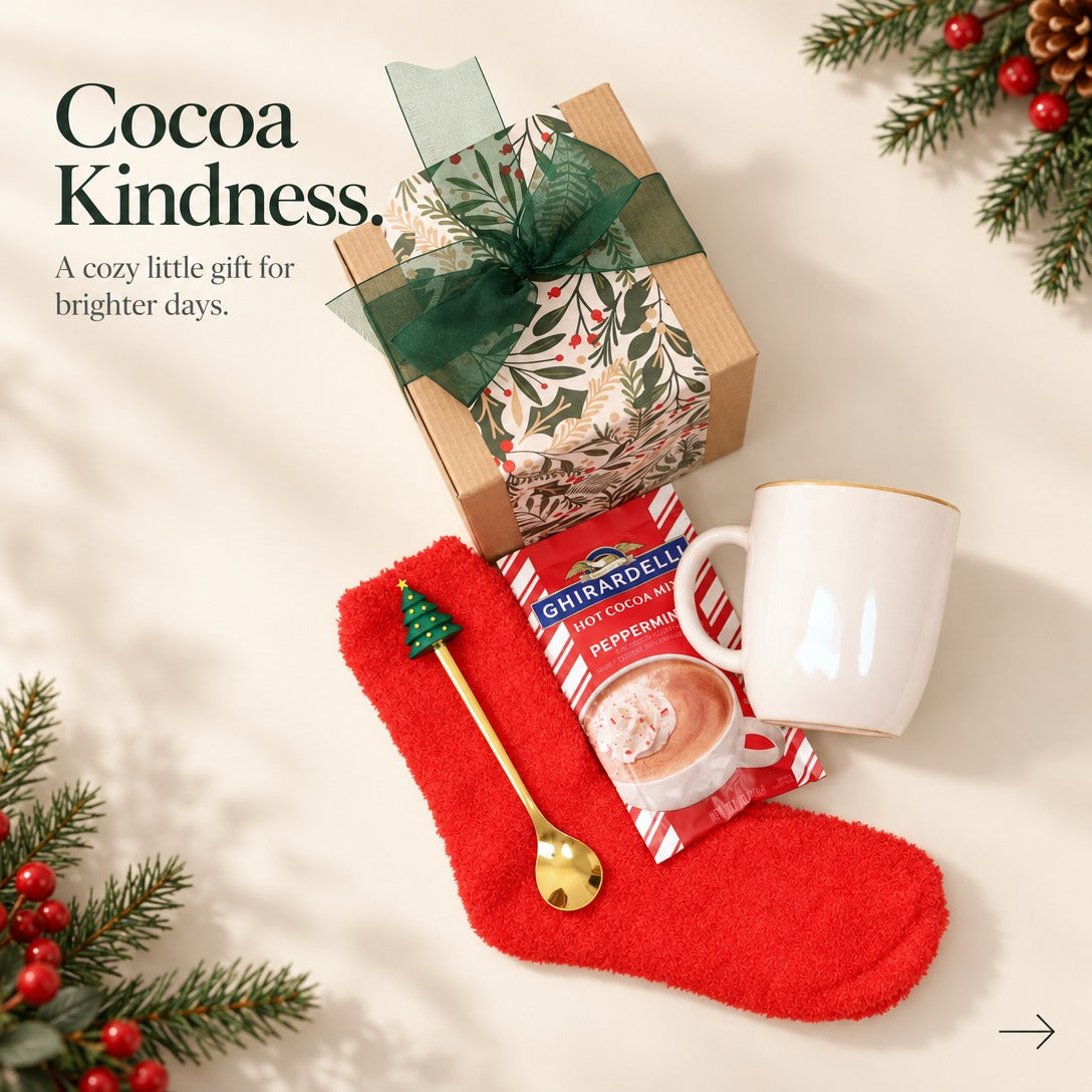 Christmas cocoa gift box, white mug with red socks