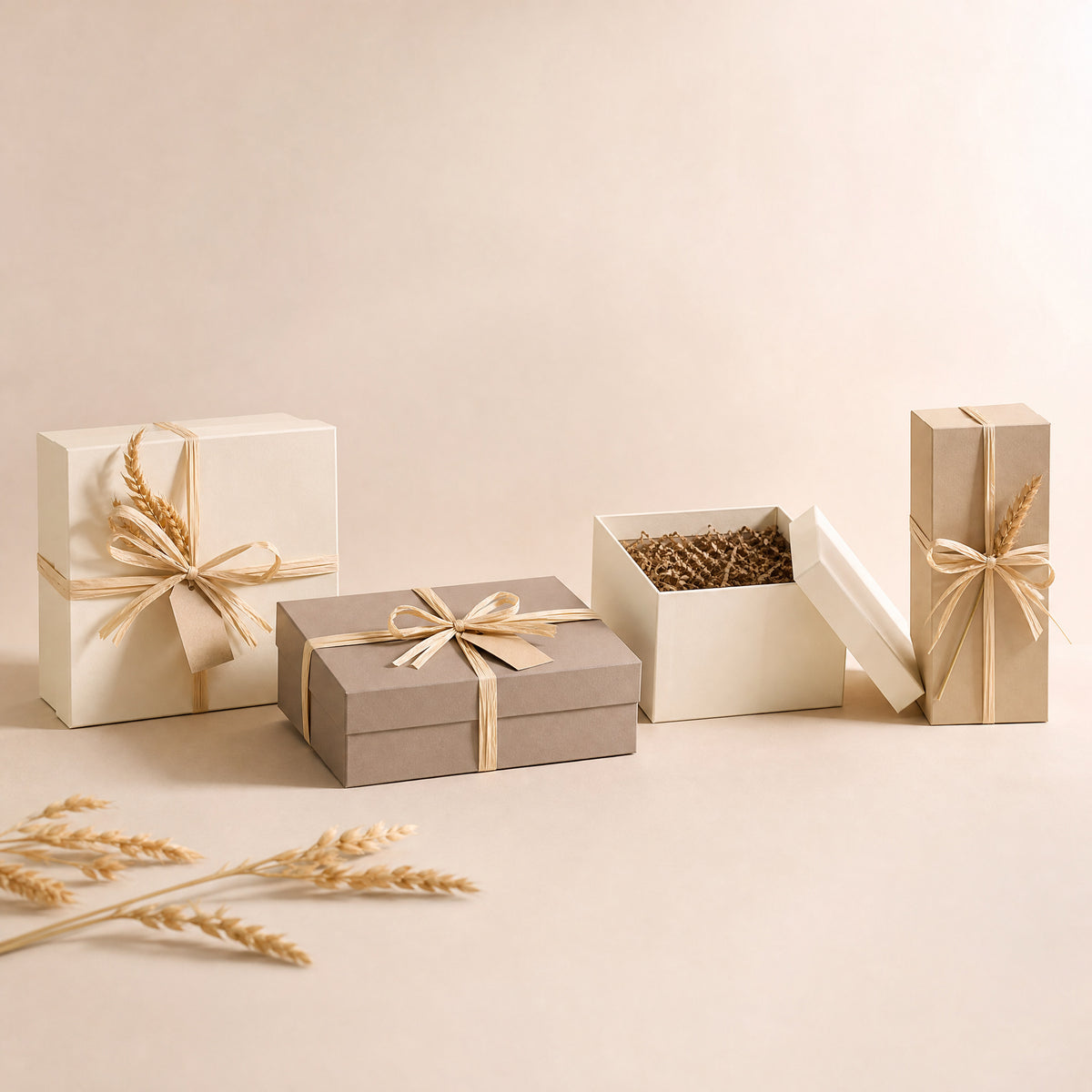 Several corporate gift boxes tied with ribbon, one open, ready to ship
