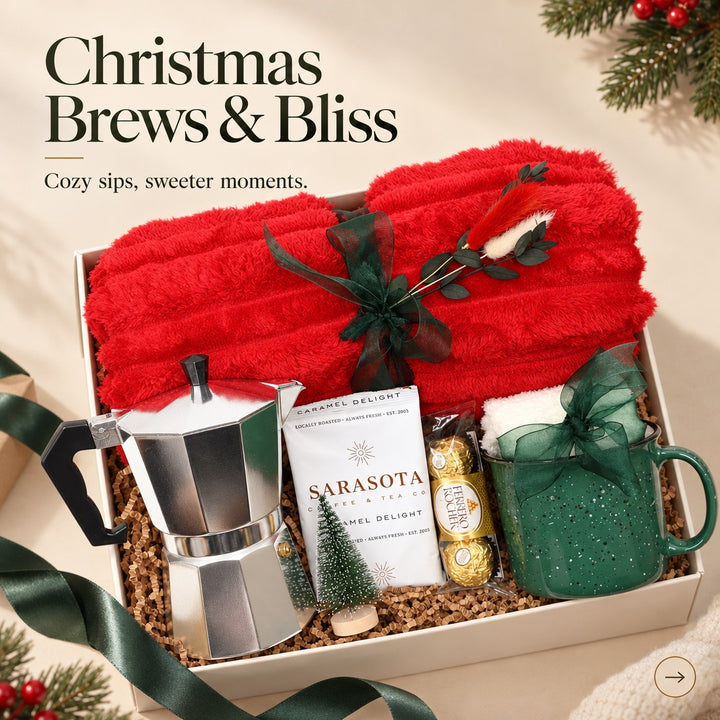 Cozy Christmas coffee gift box with a stovetop espresso maker and red throw, styled holiday scene