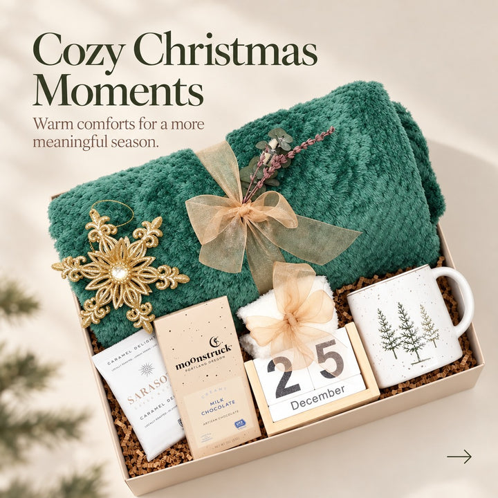 Cozy Christmas gift box with a green plush throw, tree mug and date block, styled holiday scene