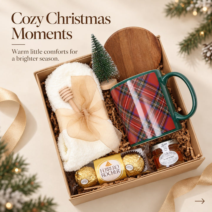 Cozy Christmas gift box with a tartan mug, honey and fuzzy socks, styled holiday scene