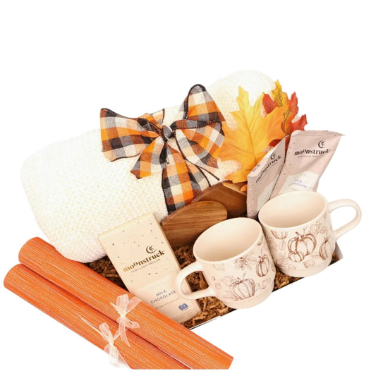 Cozy Fall Gift Box for Two with Pumpkin Mugs, Placemats and a Knit Throw - Gifterria US - Gift Box