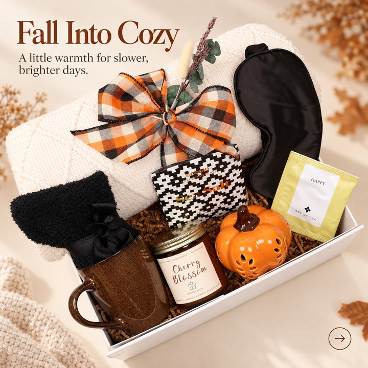 Cozy fall gift box with a cable-knit throw and ceramic pumpkin, styled full box