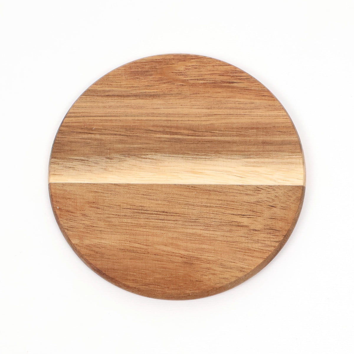 Round wooden coaster with streaked grain