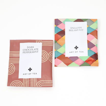 Two artisan tea sachets: English breakfast and dark chocolate peppermint