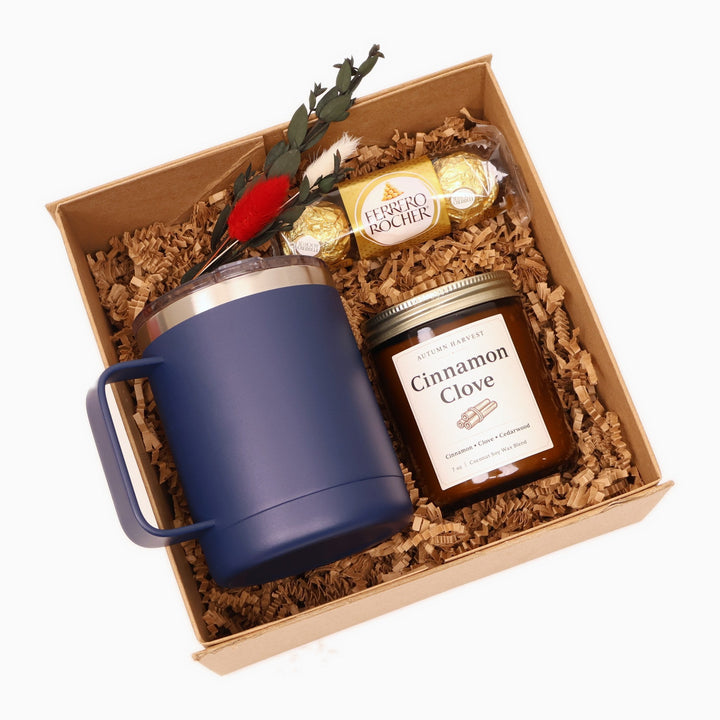 Cozy Gift Box with an Insulated Camp Mug, Candle and Chocolates - Gifterria US - Gift Box