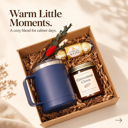 Cozy Gift Box with an Insulated Camp Mug, Candle and Chocolates - Gifterria US - Gift Box