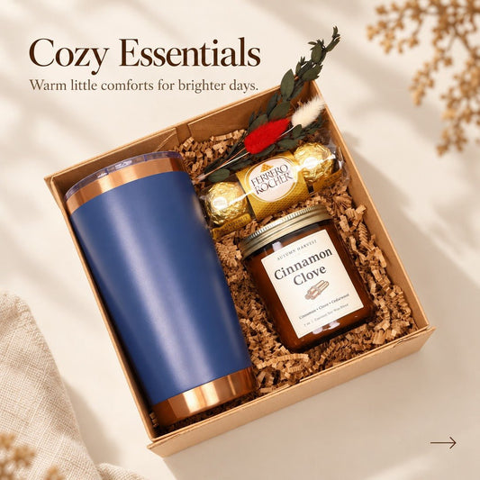 Cozy Gift Box with an Insulated Tumbler, Candle and Chocolates - Gifterria US - Gift Box