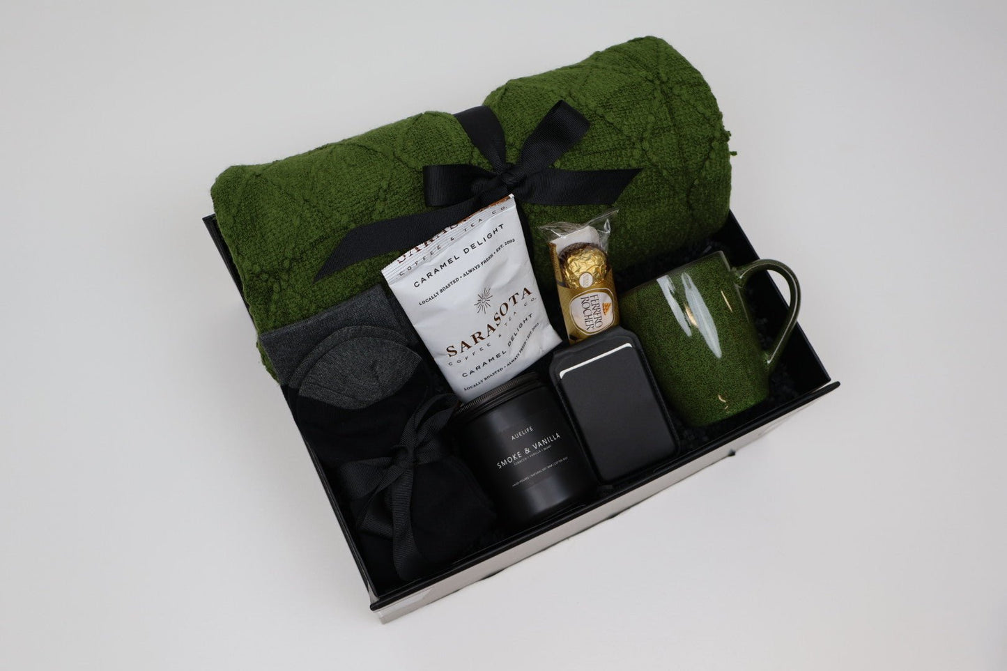 Cozy Green Comfort Gift Box with Knit Throw, Coffee and Mug - Gifterria US - Gift Box