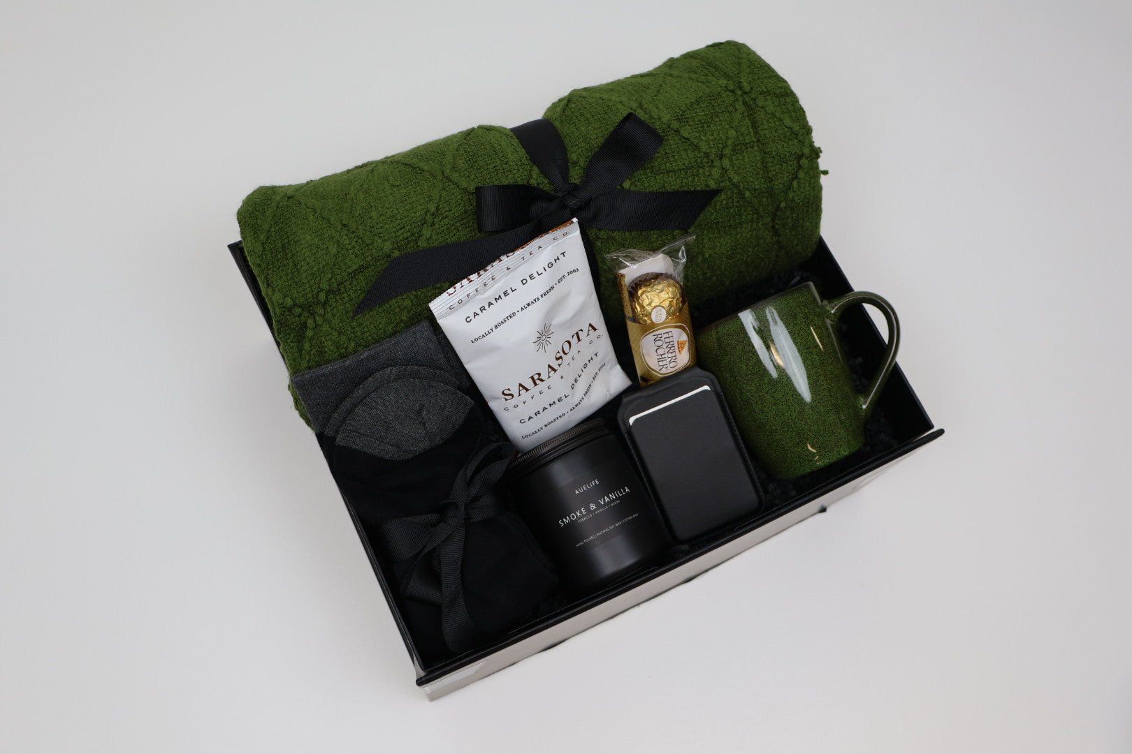 Cozy Green Comfort Gift Box with Knit Throw, Coffee and Mug - Gifterria US - Gift Box