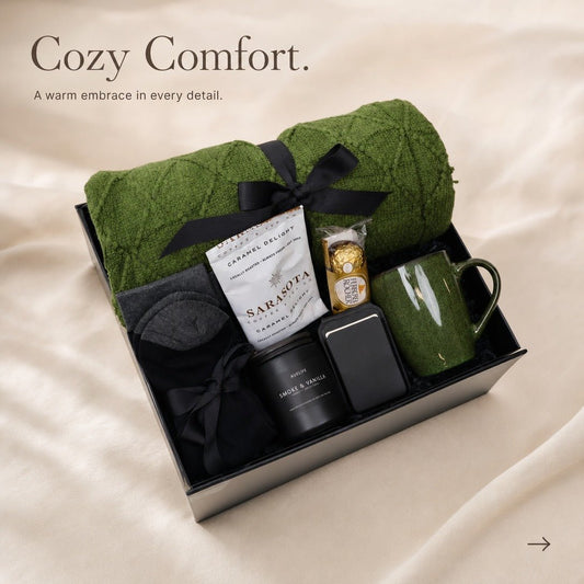Cozy Green Comfort Gift Box with Knit Throw, Coffee and Mug - Gifterria US - Gift Box