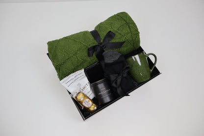 Cozy Green Comfort Gift Box with Knit Throw, Coffee and Mug - Gifterria US - Gift Box