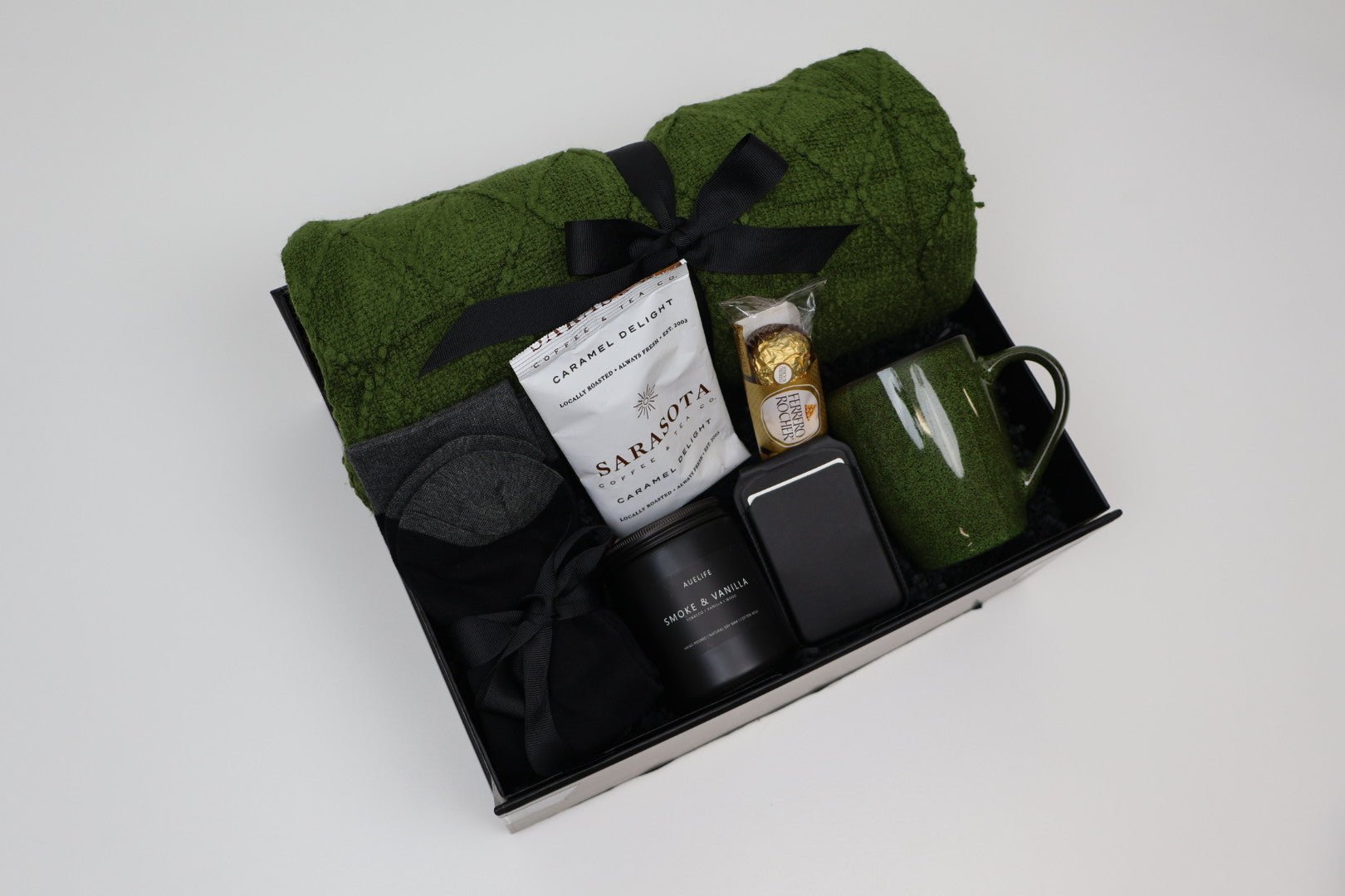 Cozy Green Comfort Gift Box with Knit Throw, Coffee and Mug - Gifterria US - Gift Box