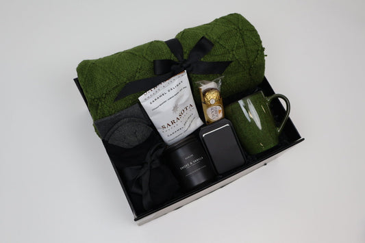 Cozy Green Comfort Gift Box with Knit Throw, Coffee and Mug - Gifterria US - Gift Box