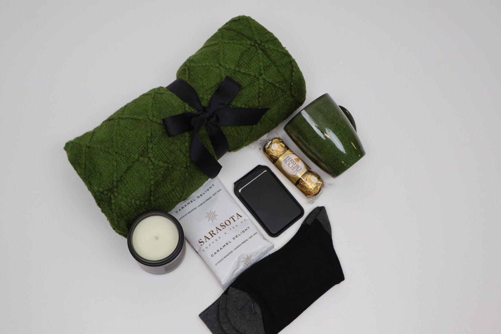 Cozy Green Comfort Gift Box with Knit Throw, Coffee and Mug - Gifterria US - Gift Box