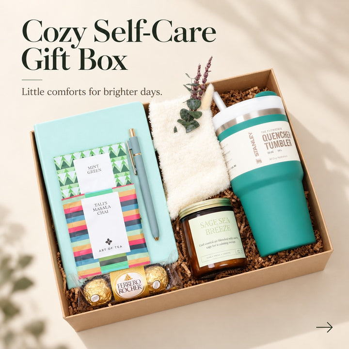 Cozy self-care gift box with a teal tumbler, notebook and fuzzy socks, styled full box