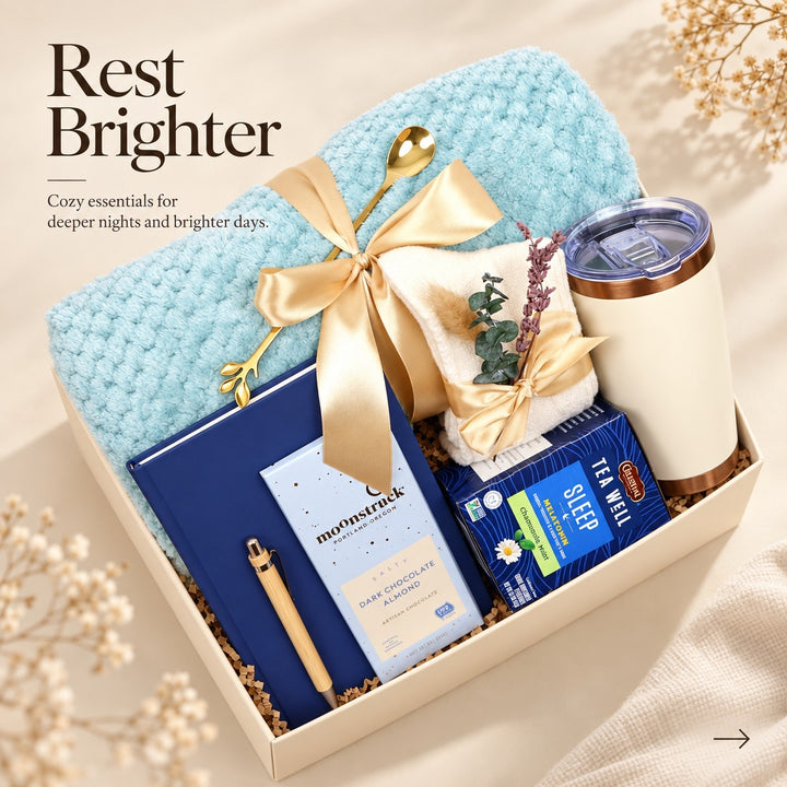 Cozy sleep and relaxation gift box with plush throw, sleep tea and tumbler, styled full box