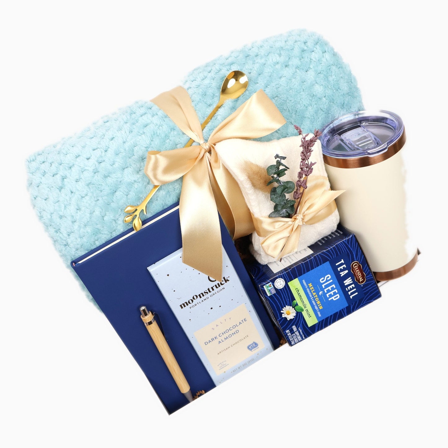 Cozy sleep and relaxation gift box with plush aqua throw, insulated tumbler, sleep tea, journal, and chocolate