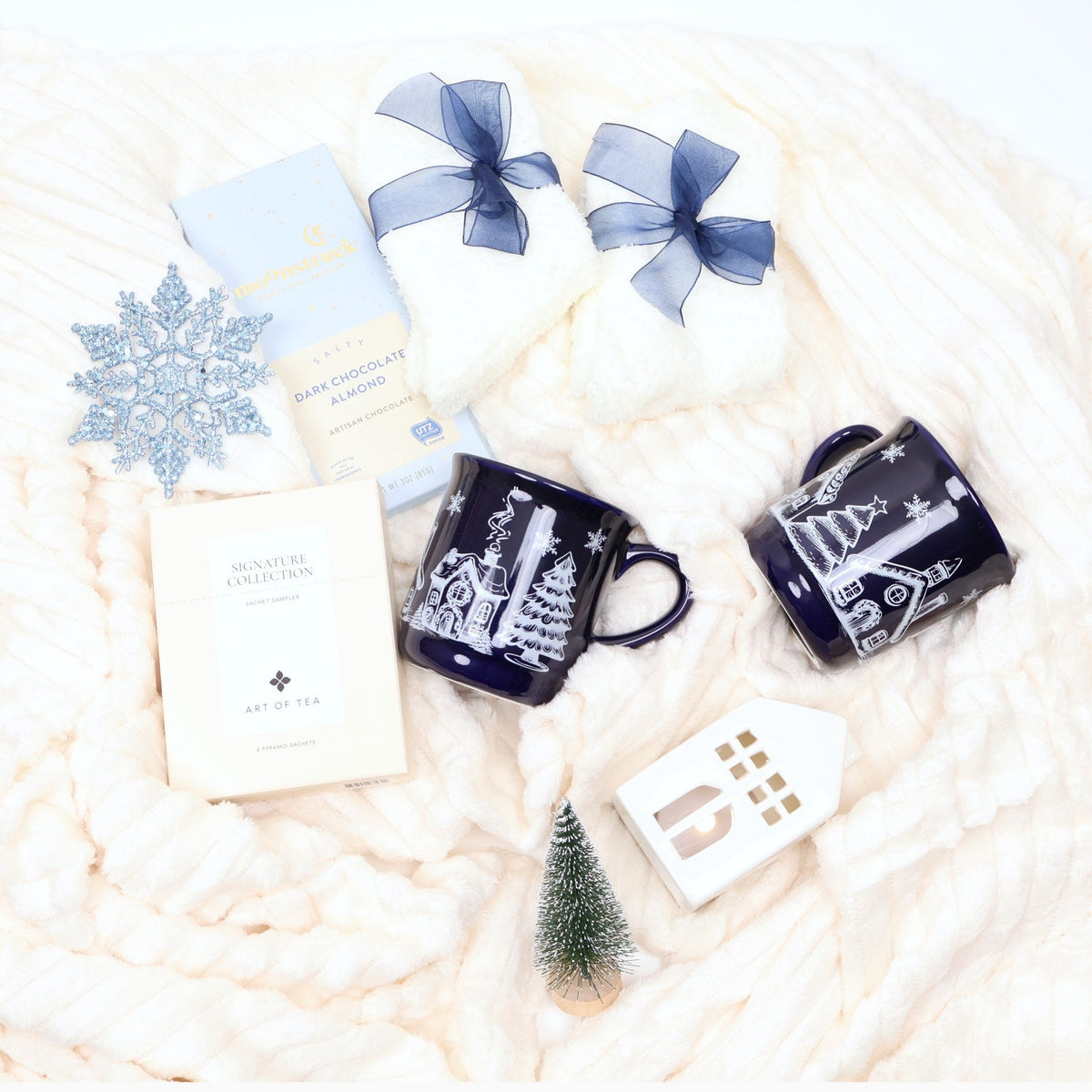 Cozy Winter Gift Box with a Plush Throw, Village Mugs and an LED House - Gifterria US - Gift Box