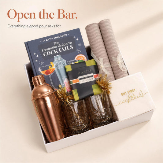 Elegant Cocktail Gift Box with a Copper Shaker, Glasses and Recipe Book - Gifterria US - Gift Box