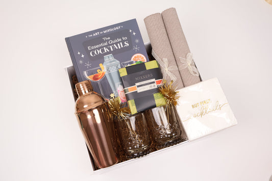 Elegant Cocktail Gift Box with a Copper Shaker, Glasses and Recipe Book - Gifterria US - Gift Box