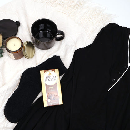 Angled view of the assembled sleep and loungewear gift box with organza ribbon