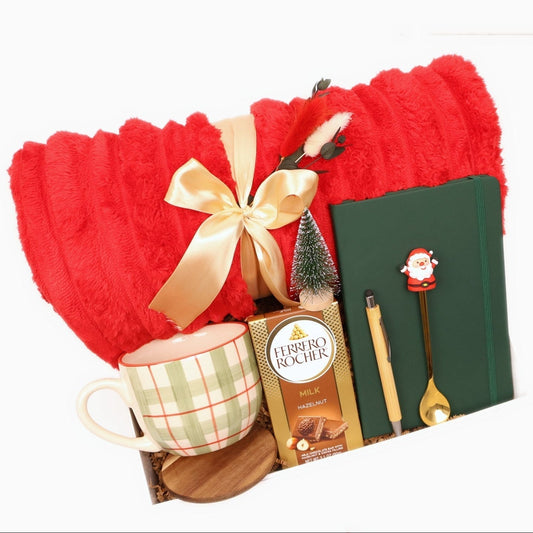 Festive Christmas Gift Box with a Red Plush Throw, Plaid Mug and Notebook - Gifterria US - Gift Box