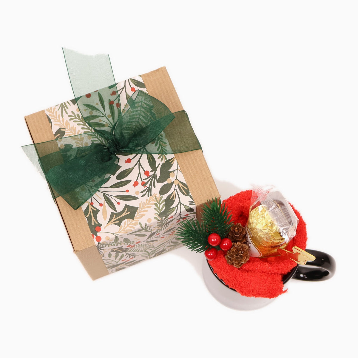 Festive Christmas Mug Gift Box with Fuzzy Socks, Chocolates and a Gold Spoon - Gifterria US - Gift Box