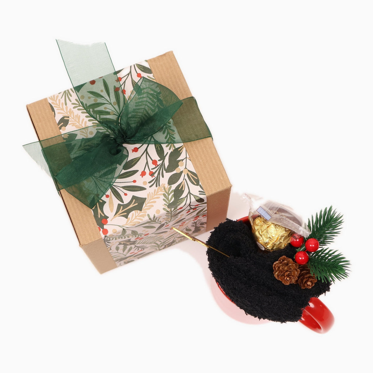 Festive Christmas Mug Gift Box with Fuzzy Socks, Chocolates and a Gold Spoon - Gifterria US - Gift Box
