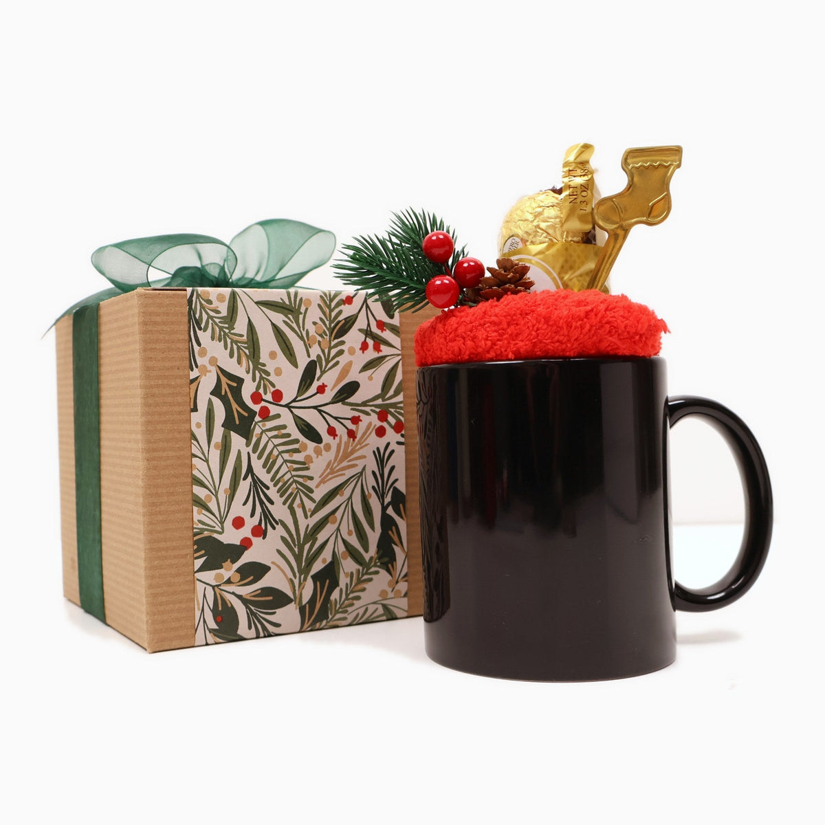 Festive Christmas Mug Gift Box with Fuzzy Socks, Chocolates and a Gold Spoon - Gifterria US - Gift Box